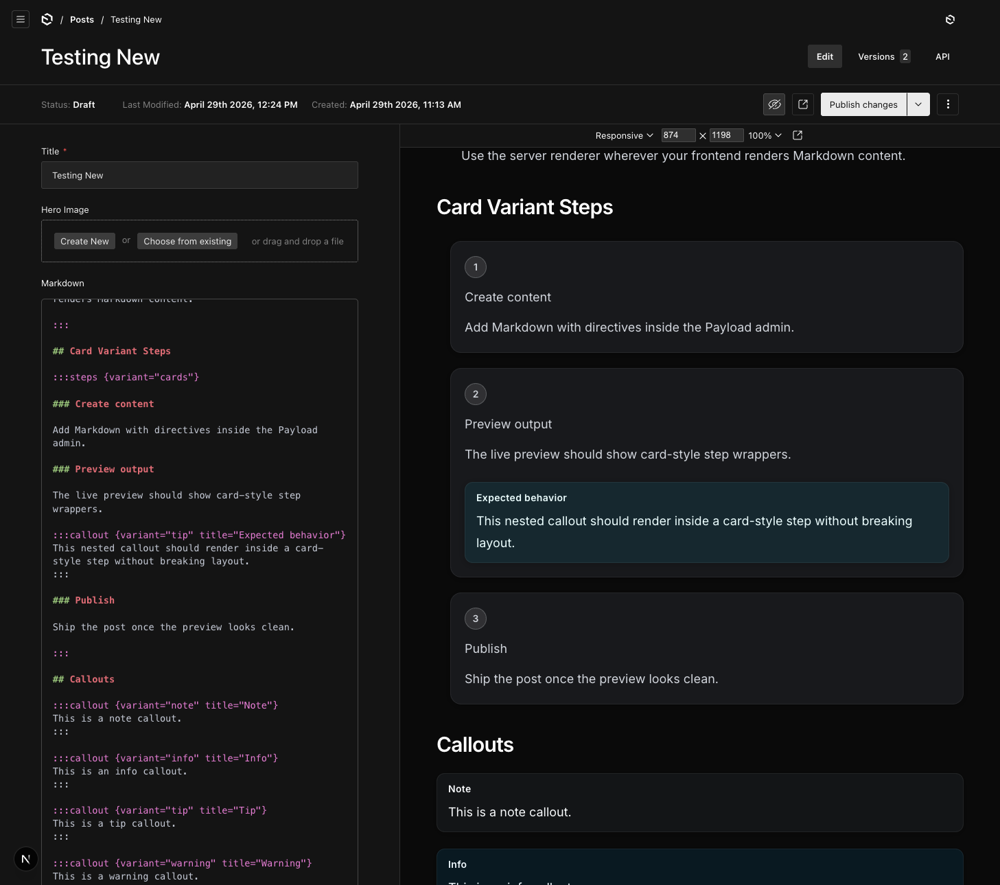 Payload Markdown v1.3 directive preview